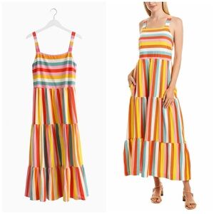 J. Crew Women’s Striped Multicolor Rainbow Tiered Maxi Dress Size Medium